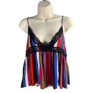Vintage ZARA TRF Striped Y2k Babydoll Cami Tank Top Lace Trim Size Small